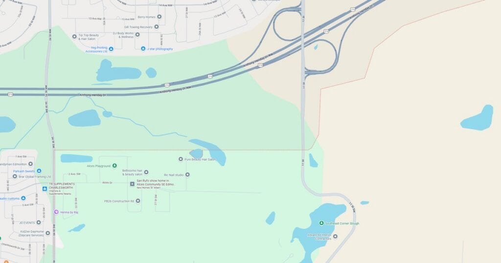 A detailed map showing roads, lakes, and parks in a suburban region, ideal for navigation and local exploration.