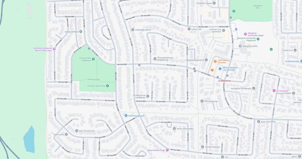 A detailed map of a residential area showing streets, parks, and local landmarks.