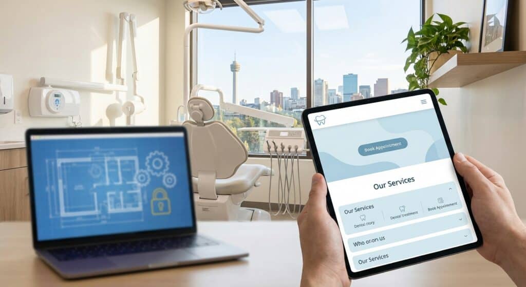 Resolution image of a dental office featuring advanced digital dental technology, a dental chair, and a tablet displaying service options, with a city skyline in the background.