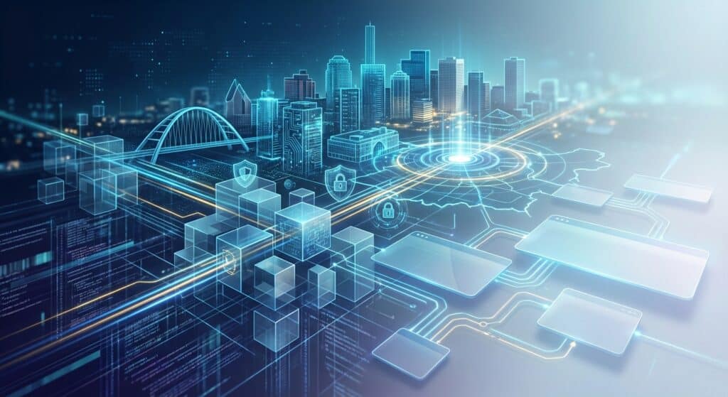 An advanced digital cityscape featuring interconnected buildings, data flow, and smart technology elements.