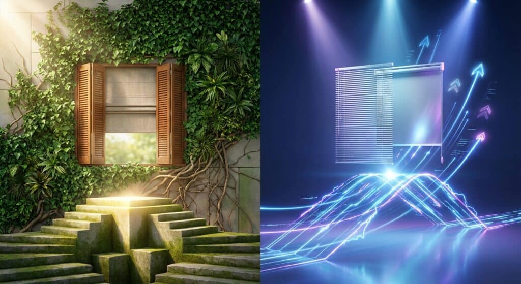 Open window with wooden shutters surrounded by lush green plants and stone steps, creating a peaceful outdoor setting.