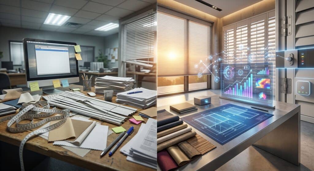 A cluttered office workspace with scattered papers, notebooks, pens, and office supplies on a desk, highlighting a busy work environment.