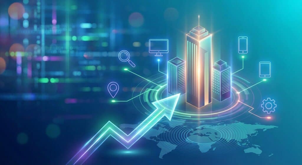 A futuristic digital illustration showing skyscrapers with glowing lights, connected by data icons, upward arrow, and world map, representing global business growth and technological advancement.