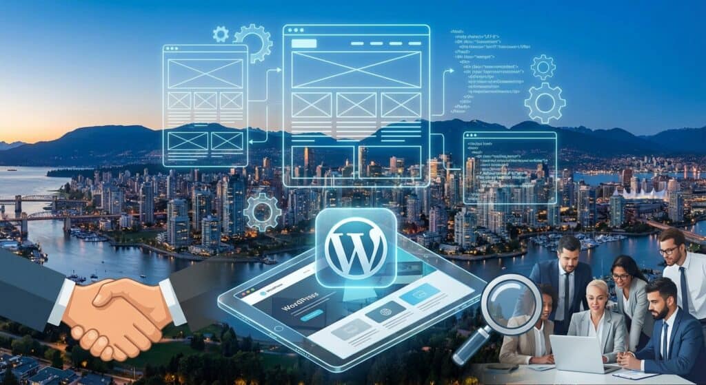 A diverse team collaborating on web development projects with city skyline background, digital interface overlays, and WordPress logo, emphasizing technology, teamwork, and online platform creation.