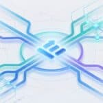 High-tech digital network connection with interconnected lines and circuits, illustrating data transfer and communication technology.