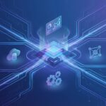 Futuristic digital network with interconnected icons representing data analysis, cloud computing, and gears for technological advancement.