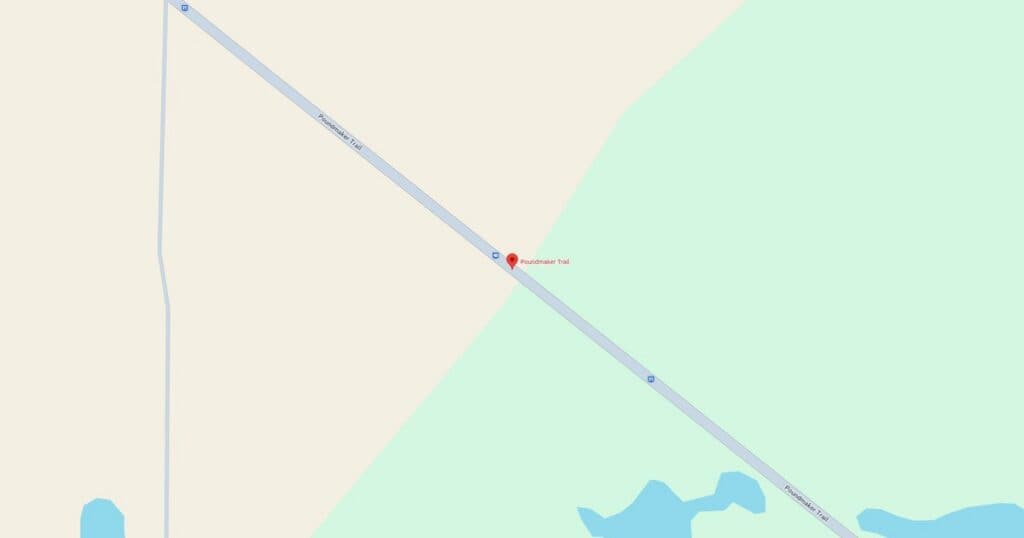 Map showing Hwy 17 running through a forested area with nearby water bodies, highlighting rural transportation routes and natural surroundings.