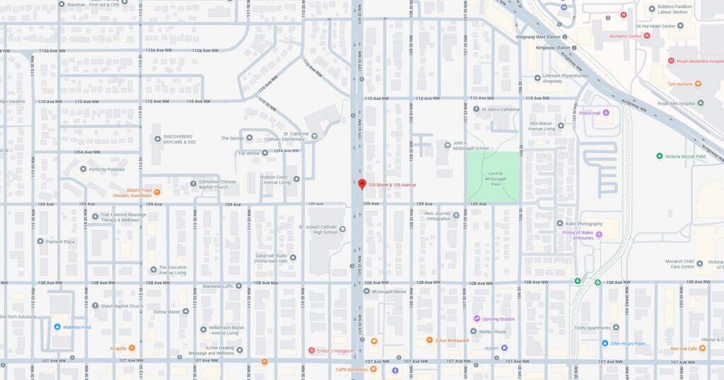 Detailed city street map showing roads, parks, and public transportation routes for urban navigation.