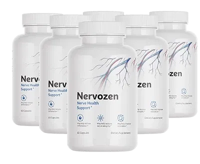 Six bottles of Nervozen dietary supplement displayed together representing supply package for nerve health support