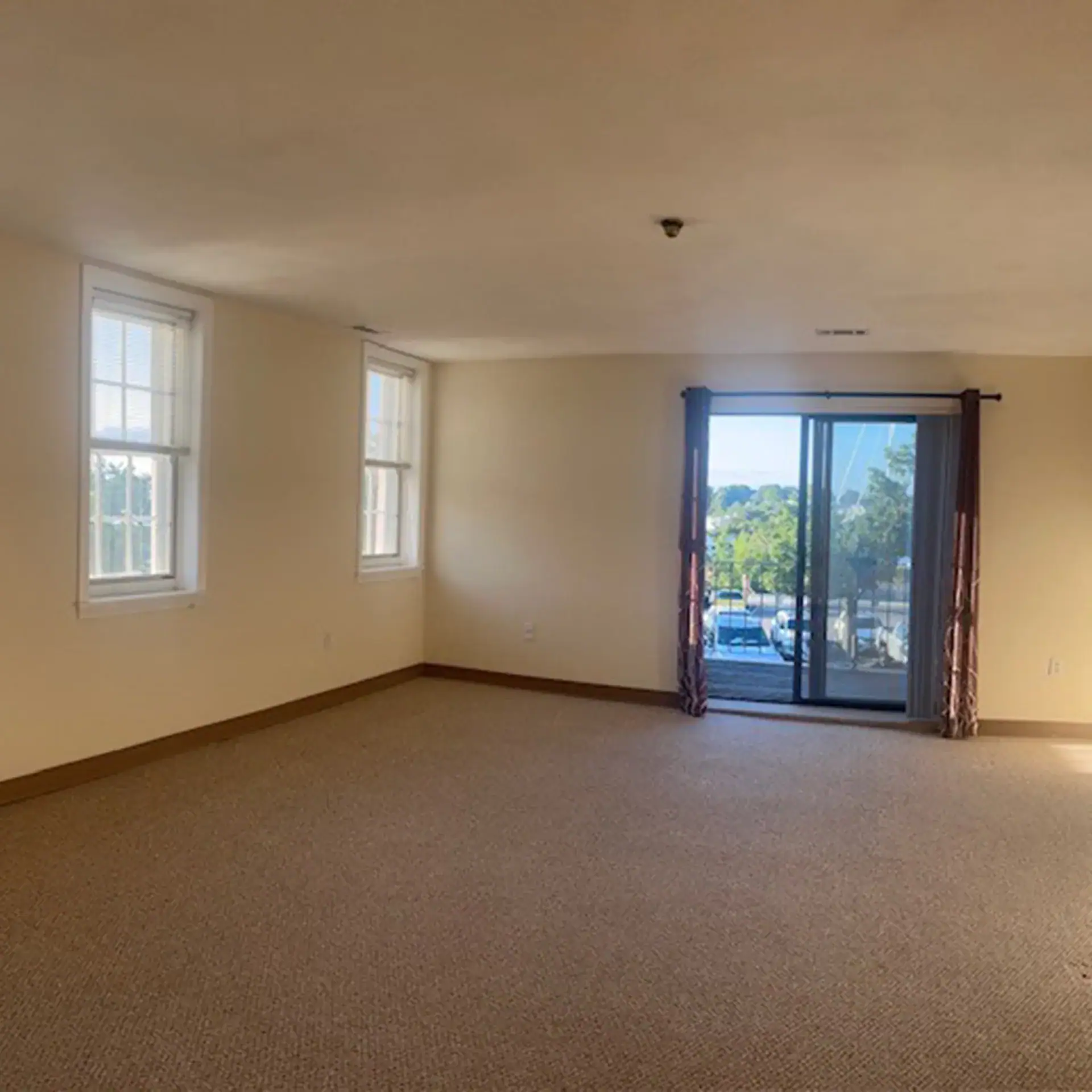 Empty living room with two windows and a sliding glass door to outside.