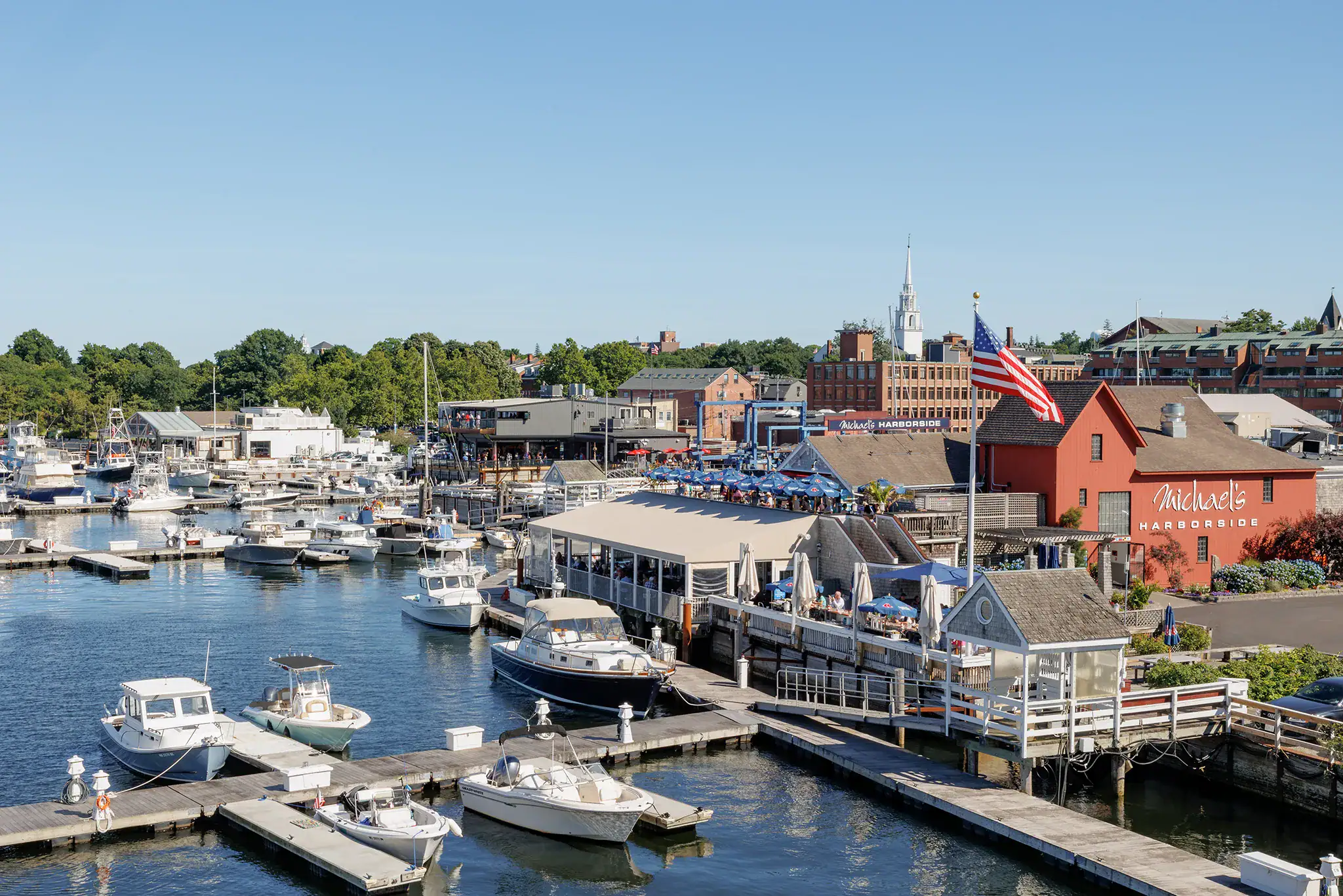 Marina with boats docked along the waterfront in Newburyport, Massachusetts.