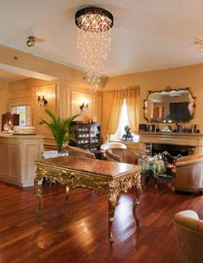Elegant living room with chandelier, gold accents, and classic furniture.