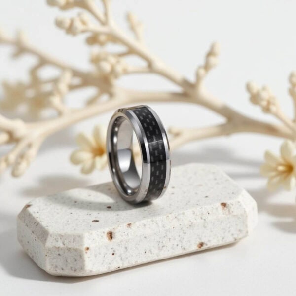 Mens tungsten ring with carbon fibre inlay