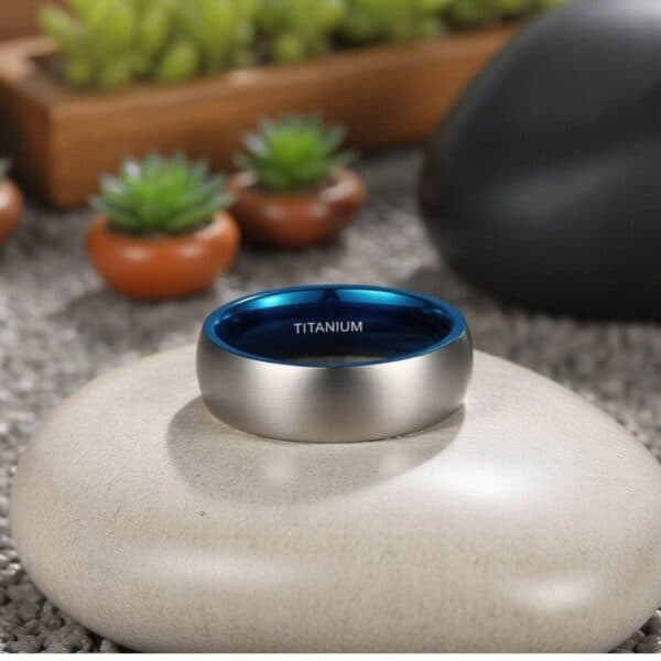 Gents silver titanium ring with blue inside