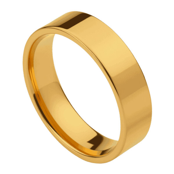 A gold coloured flat style mens ring. Made with tungsten.