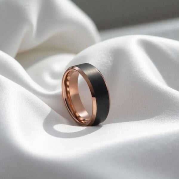 A guys black tungsten ring with a matte finished. Featuring polished rose gold bevelled edges.