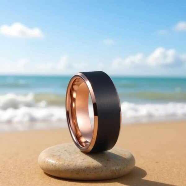 Elegant tungsten ring for him. Black tungsten band with rose gold bevelled edges