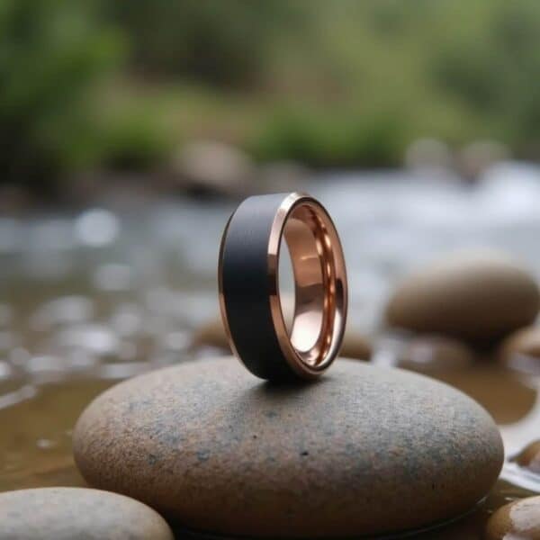 Mans matte black tungsten ring featuring shining rose gold bevelled edges