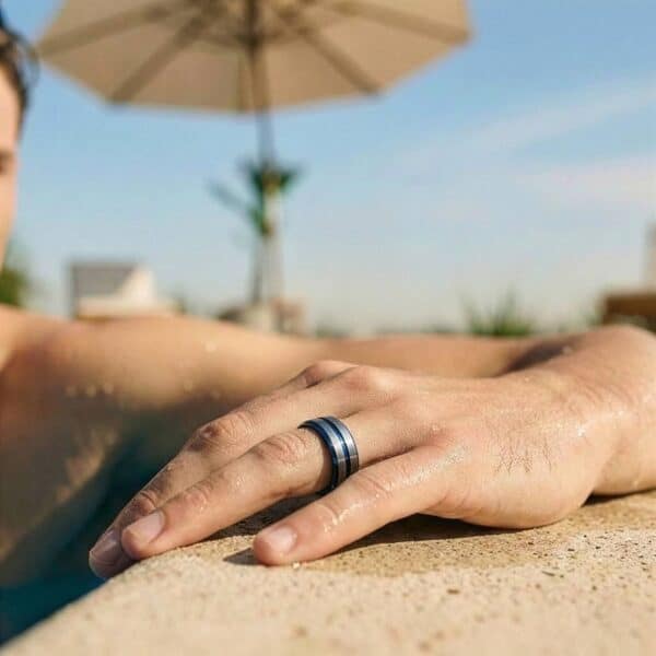 Blue and silver tungsten ring for men – male wedding band with custom engraving.