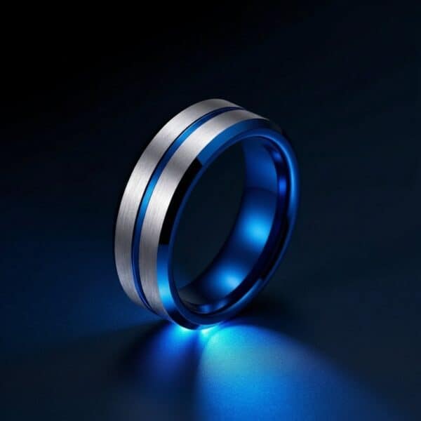 Blue and silver Tungsten wedding band – mens engagement ring with personalised engraving.