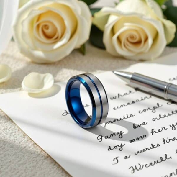 Mens blue ring tungsten – male wedding band with custom engraving.