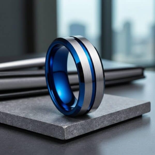 Silver blue mens tungsten ring – male wedding band with personalised engraving.