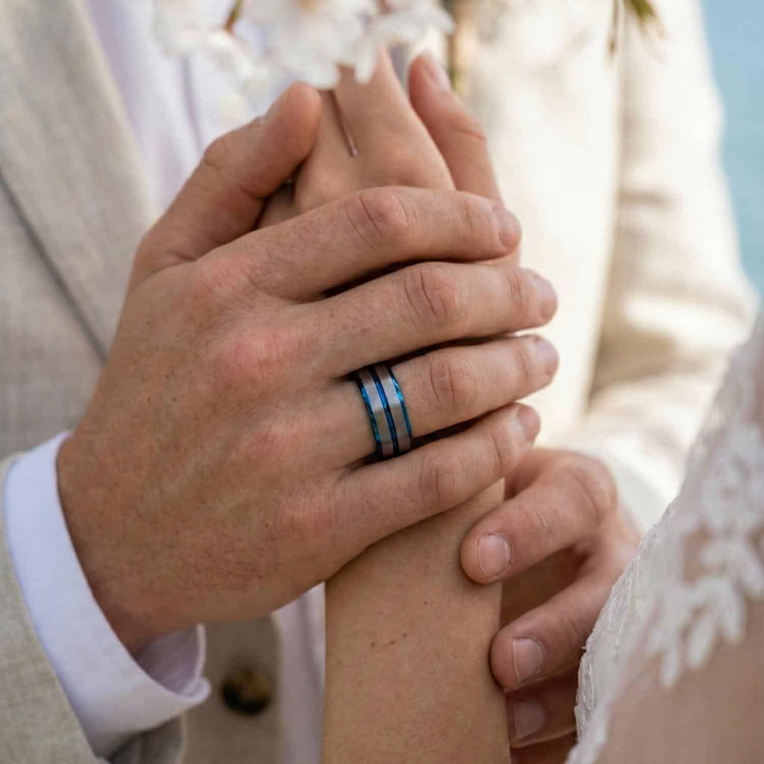 Tungsten ring for men with blue groove – eternity and wedding band with custom engraving.