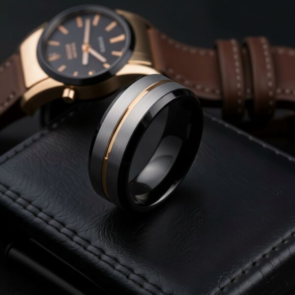 The Champion tungsten ring for men featuring a brushed silver centre with black edges and gold interior, bold mens wedding band with personalised ring engraving.