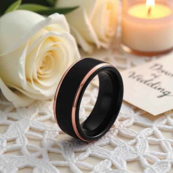 Mens Band: Black and rose gold tungsten ring