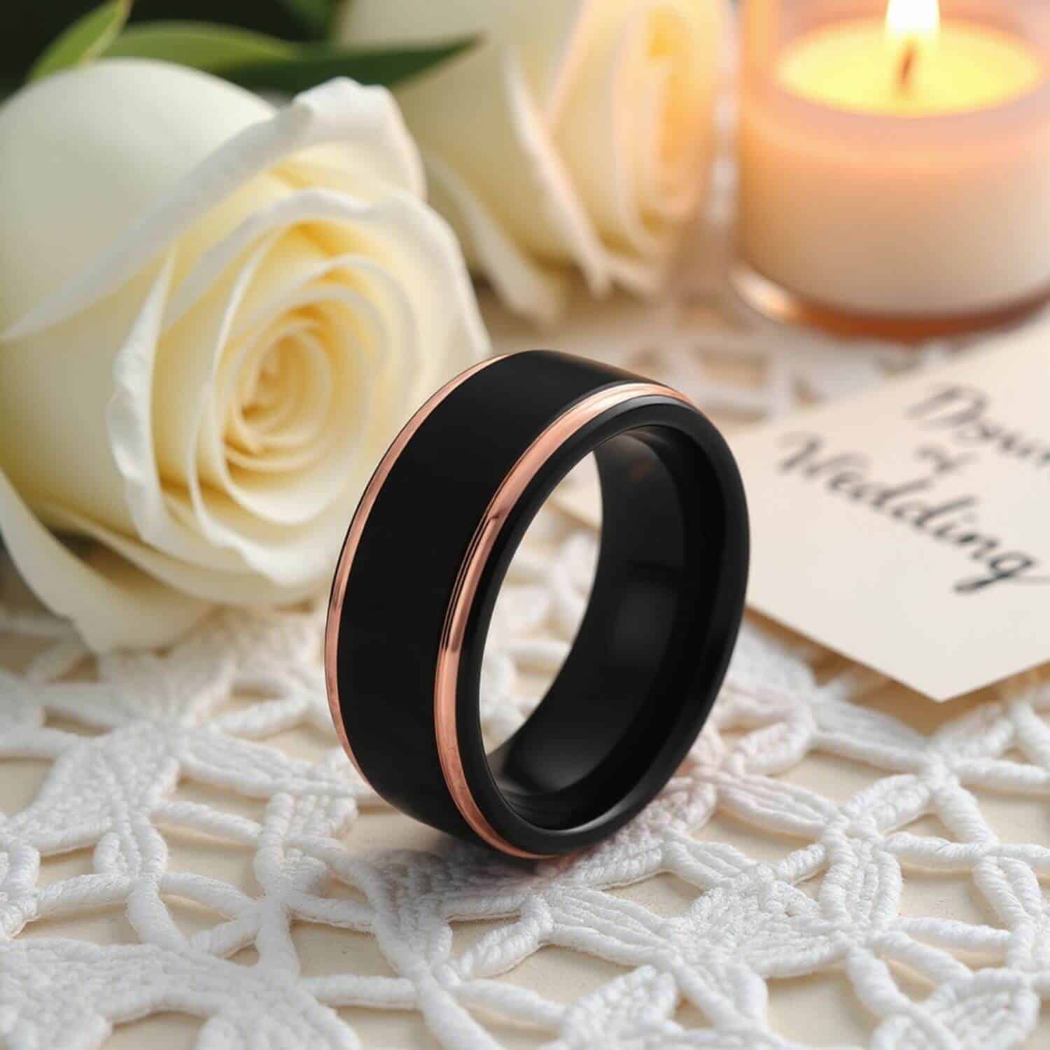 Mens Band: Black and rose gold tungsten ring
