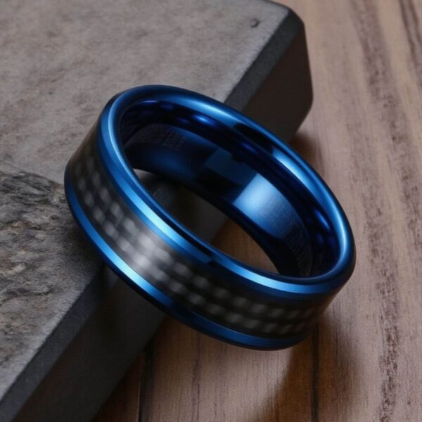 Mans Blue Tungsten and Black Carbon Fibre Ring