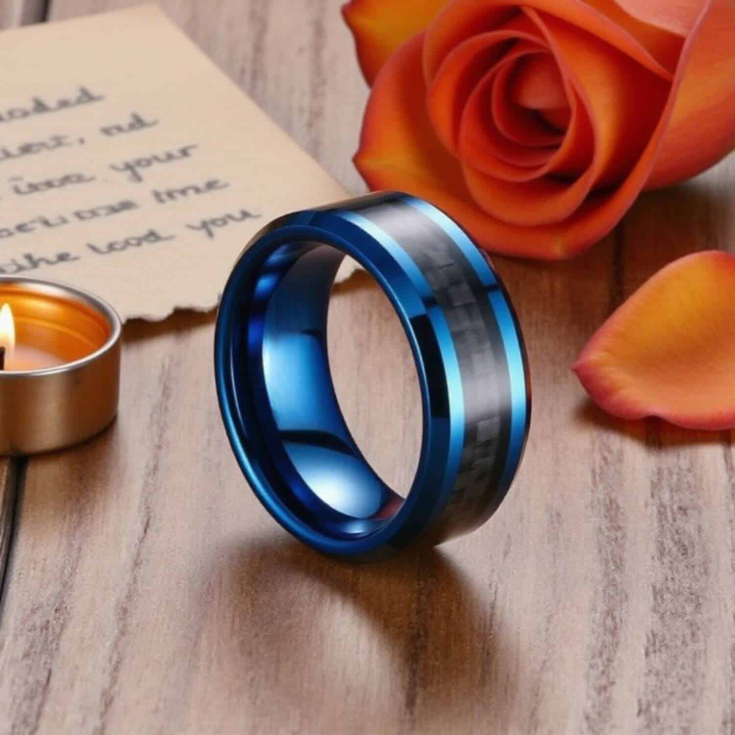 Clarity Blue and black mens ring with tungsten and carbon fibre with blue inside