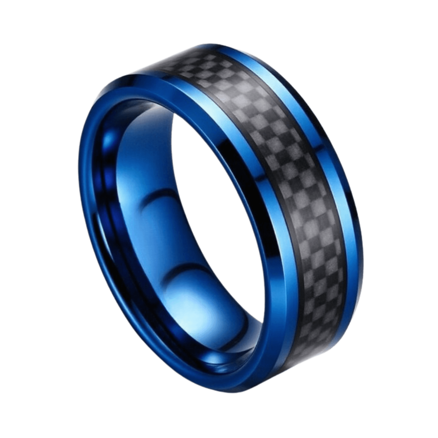blue mens ring with black carbon inlay. 8mm tungsten band for wedding anniversary or engagement in all sizes
