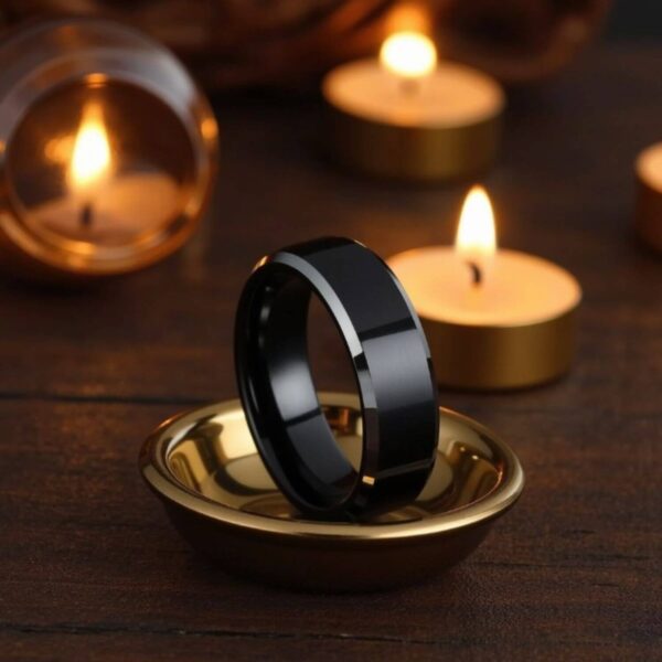 Mens black tungsten ring with polished silver bevelled edges