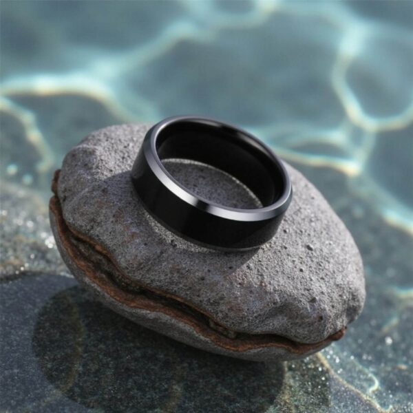 Black Male Wedding Band or Engagement Ring - Black Ring with Silver Edges