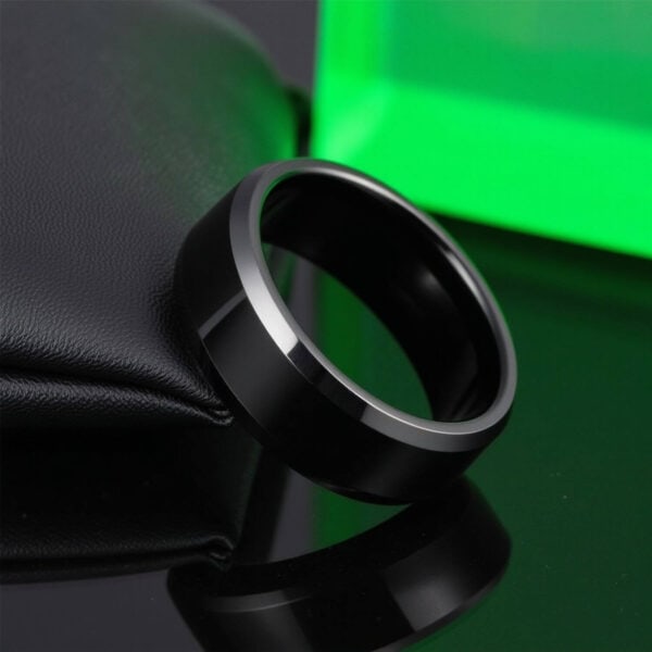 Black tungsten ring for gents featuring stylish silver polished bevelled edges