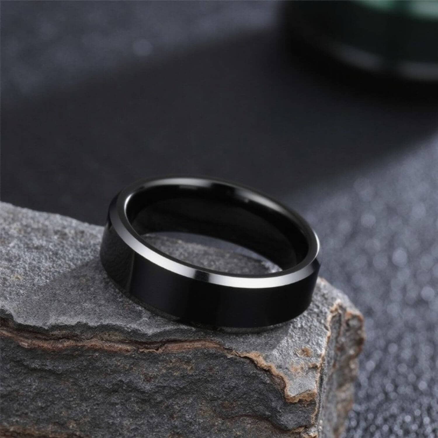 Black tungsten mens ring with polished silver edges