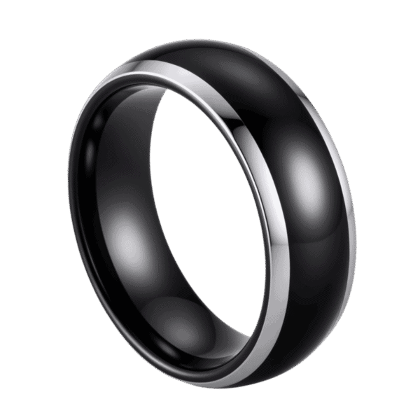 A bold tungsten ring for him. This black ring is slightly domed in shape. It has polished silver edges for a distinctive style.