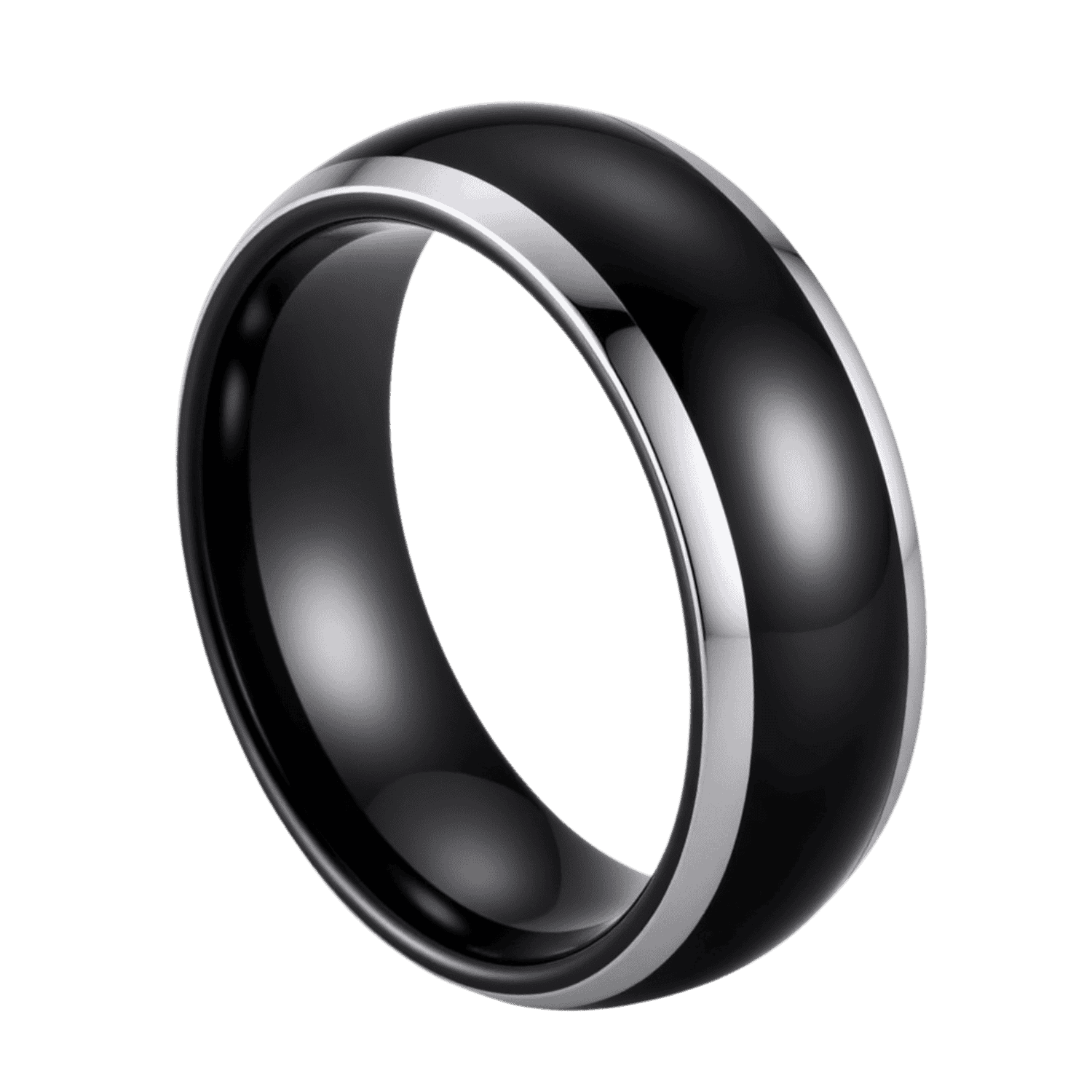 A bold tungsten ring for him. This black ring is slightly domed in shape. It has polished silver edges for a distinctive style.