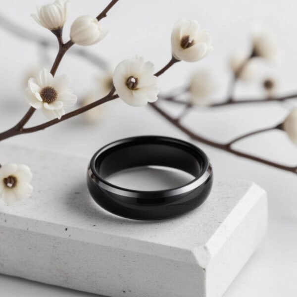Stylish and Modern Mens Ring Design - Black Tungsten with Polished Silver Edges