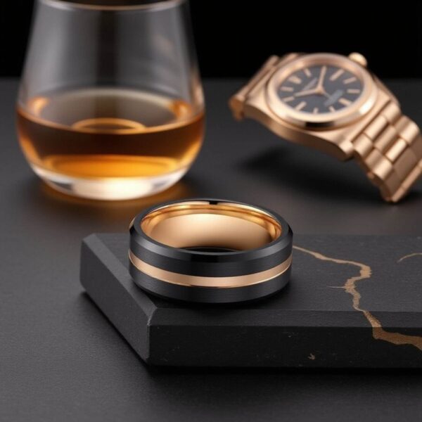 Elegant Mens Black Tungsten Ring with Gold