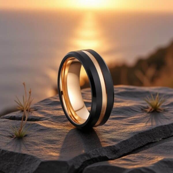 Gents Black Tungsten Band with Rose Gold Groove