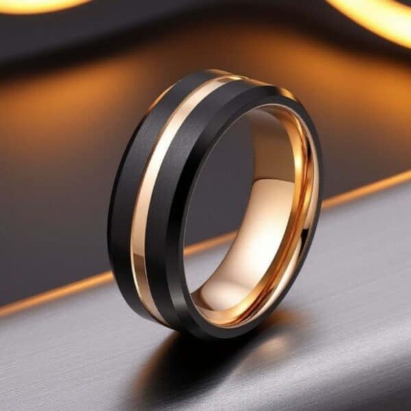 Black Tungsten Band for Men - with Rose Gold Groove and Inside