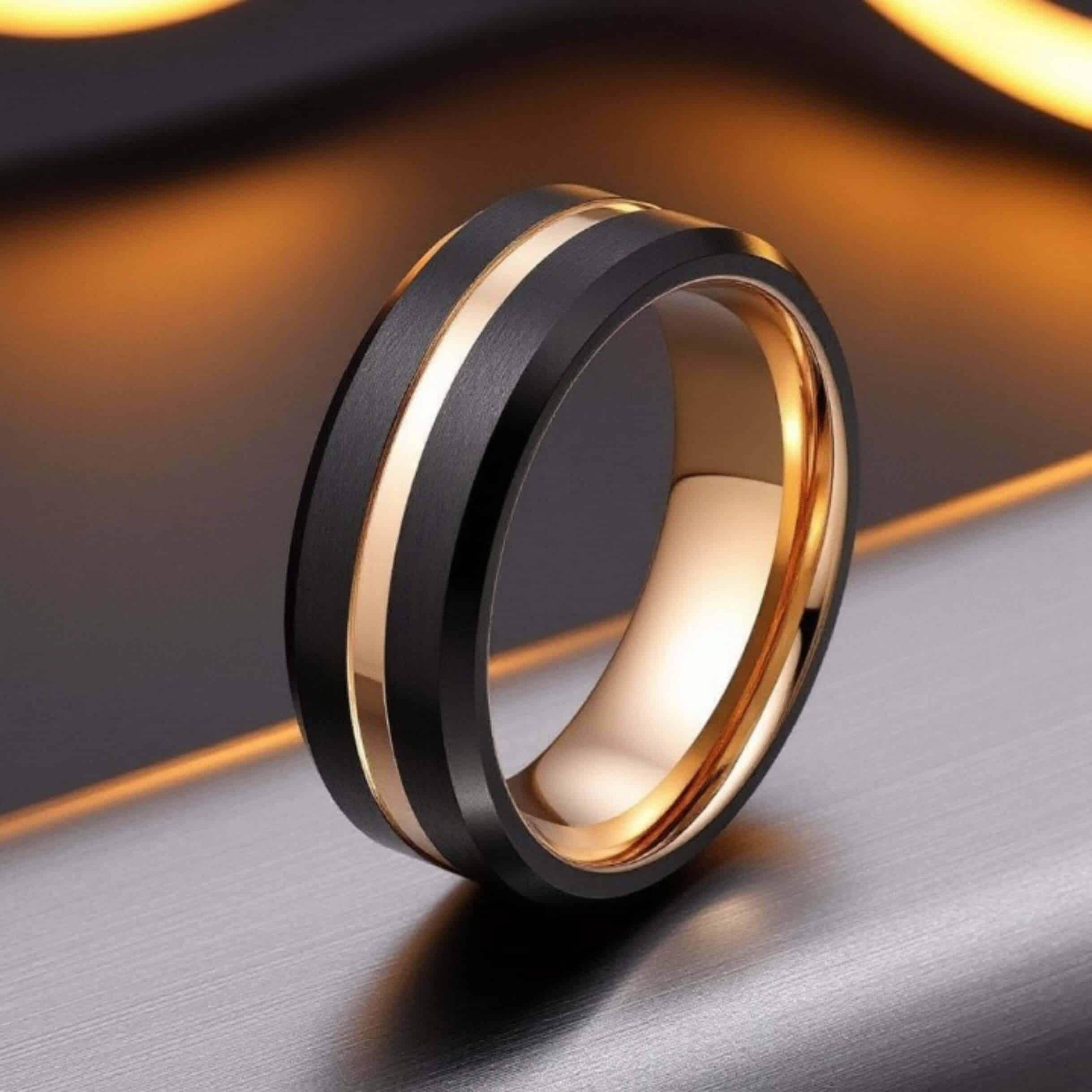Black Tungsten Band for Men - with Rose Gold Groove and Inside