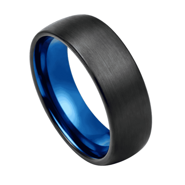 Close up of a brushed black tungsten ring. Featuring a vibrant blue interior.