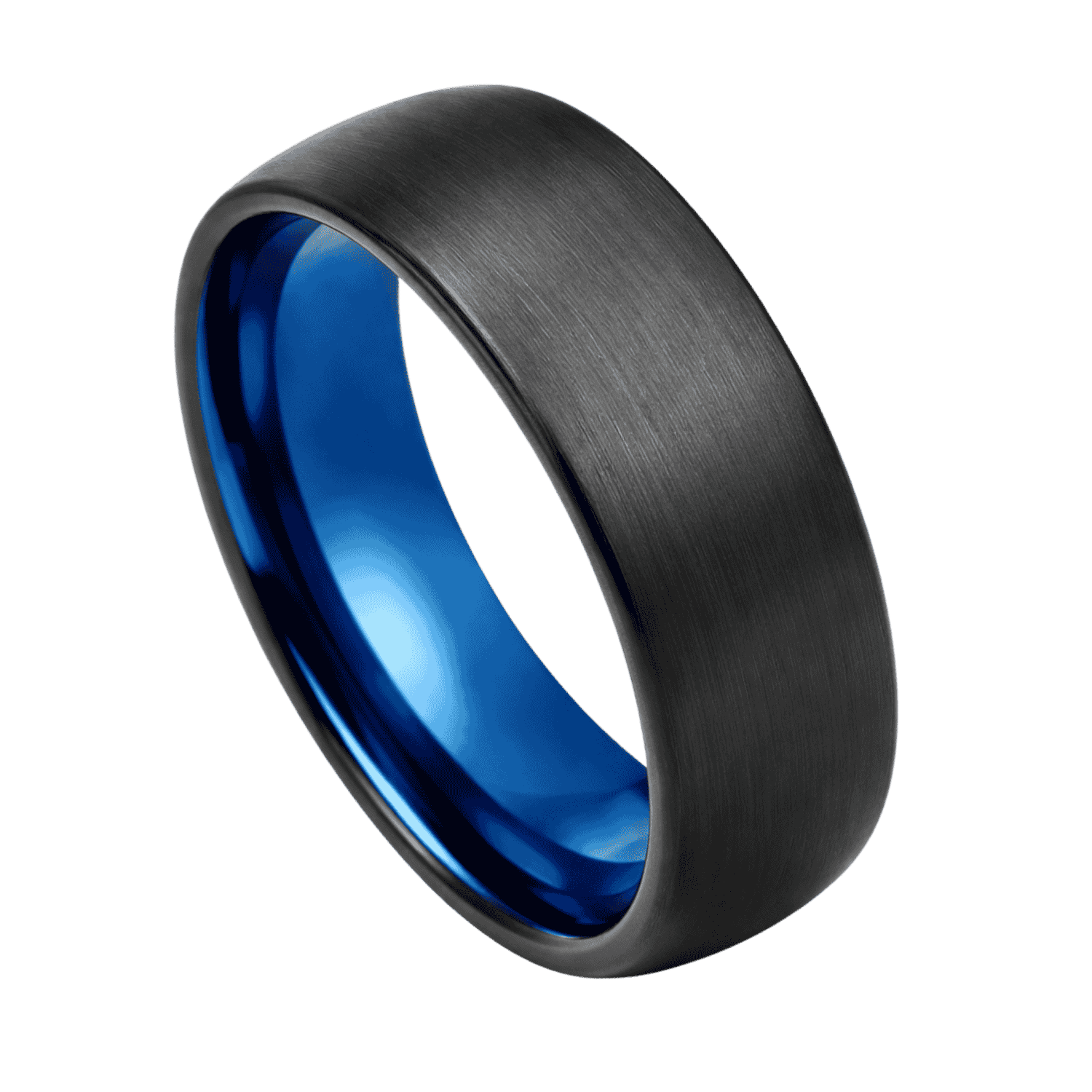 Close up of a brushed black tungsten ring. Featuring a vibrant blue interior.