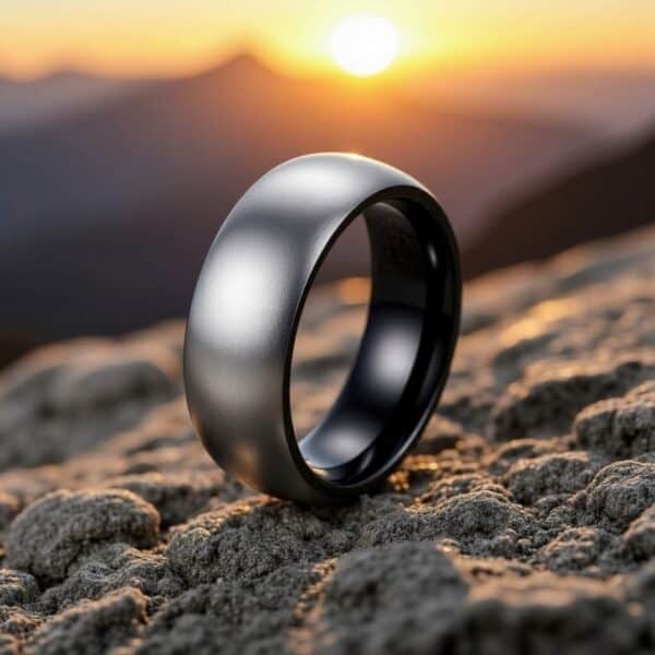 Brushed silver and black tungsten ring for men, modern 6mm or 8mm wedding or eternity band with personalised engraving.