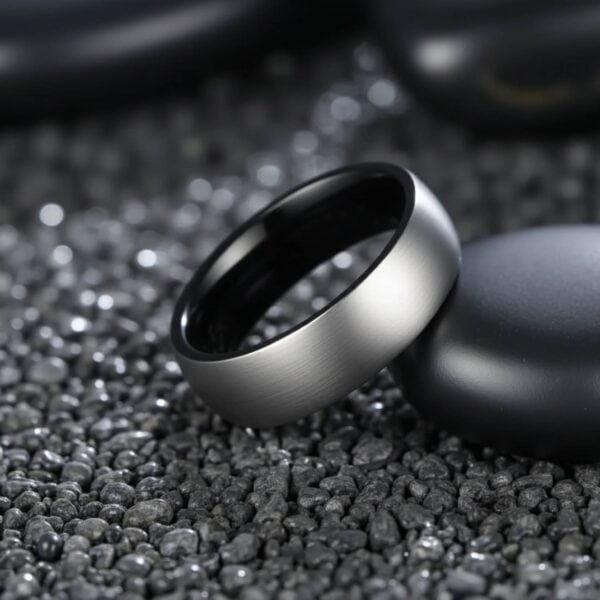silver and black tungsten mens wedding band, brushed matte 8mm engagement or eternity ring for gents.