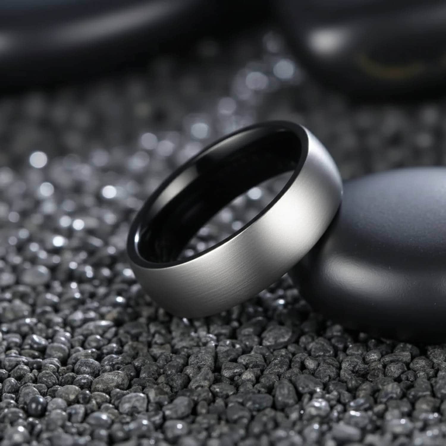 silver and black tungsten mens wedding band, brushed matte 8mm engagement or eternity ring for gents.