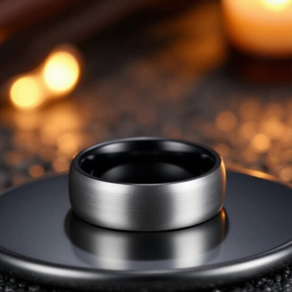 Brushed silver and black tungsten ring for men, 8mm wedding band or statement ring for gents with engraving.